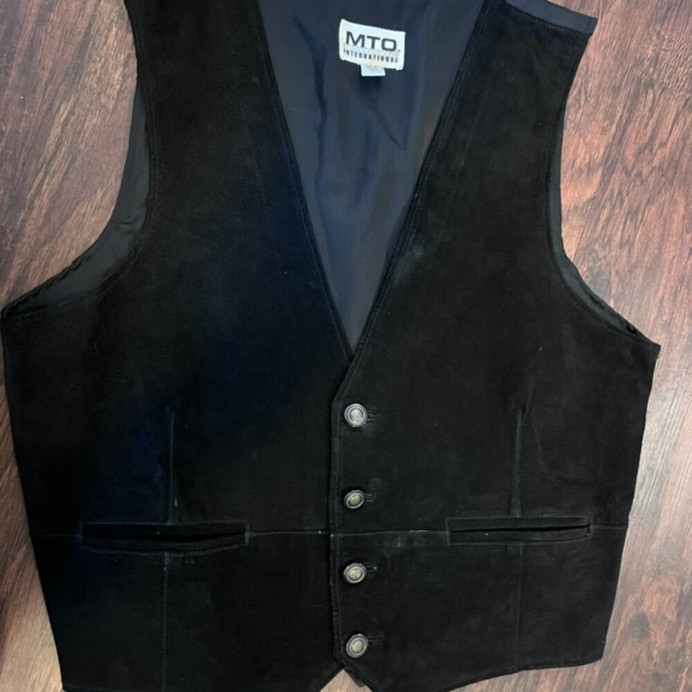 Black Suede Leather Western Vest Mens Large Adjustable Back